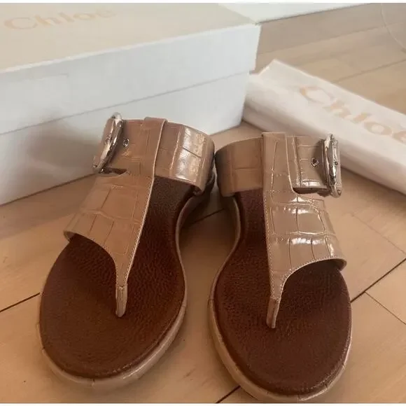 New Authentic Chloé Wave croc-embossed leather sandals color nougat 36 (US 6)